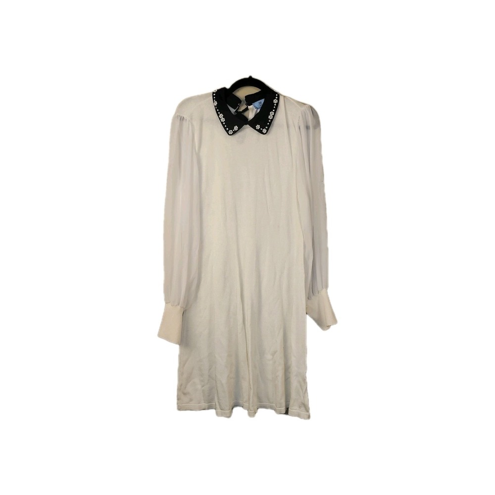 CeCe Embellished Collar Knit Dress Womens XL Cream Black Excellent Sheer Sleeve